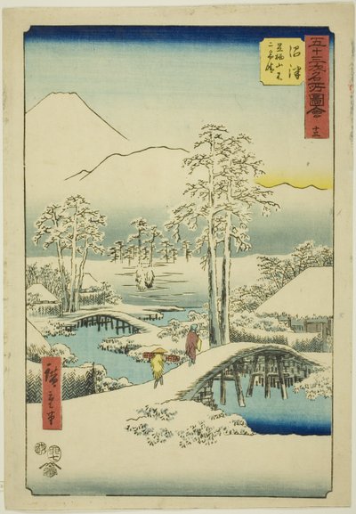 Numazu: Góra Fuji i Góra Ashigara w bezchmurną pogodę po śniegu, nie. 13 (Numazu, Ashigarayama Fuji no yukibare), z serii „Słynne zabytki pięćdziesięciu trzech stacji (Gojusan tsugi meisho zue),” znanej również jako Vertical Tokaido autorstwa Utagawa Hiroshige
