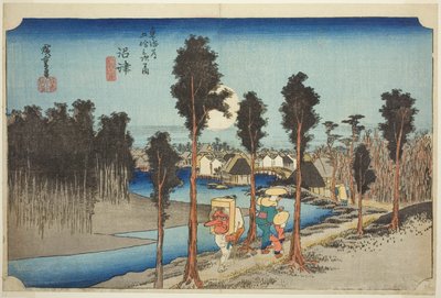 Numazu: Zmierzch (Numazu, tasogare zu), z serii „Pięćdziesiąt trzy stacje na Tokaido Road (Tokaido gojusan tsugi no uchi),” znany również jako Hoeido Tokaido autorstwa Utagawa Hiroshige
