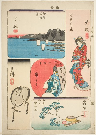 Oiso, Odawara, Hakone, Mishima, and Numazu, no. 3 from the series "Cutout Pictures of the Tokaido (Tokaido harimaze zue)" autorstwa Utagawa Hiroshige
