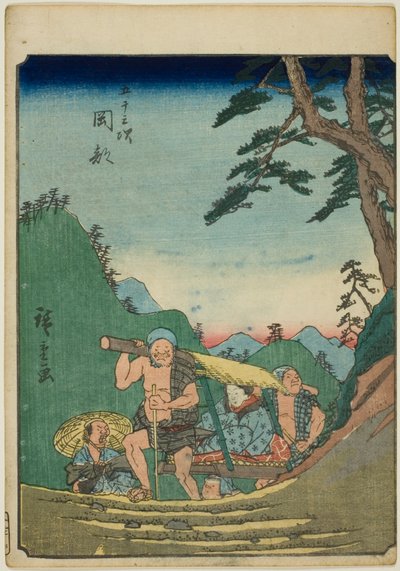 Okabe, from the series "Fifty-three Stations [of the Tokaido] (Gojusan tsugi)," also known as the Figure Tokaido (Jinbutsu Tokaido) autorstwa Utagawa Hiroshige
