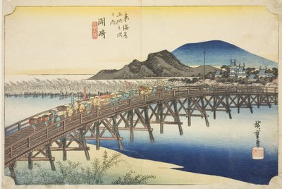 Okazaki: Most Yahagi (Okazaki, Yahagi no hashi), z serii „Pięćdziesiąt trzy stacje Tokaido (Tokaido gojusan tsugi no uchi),” znany również jako Hoeido Tokaido autorstwa Utagawa Hiroshige