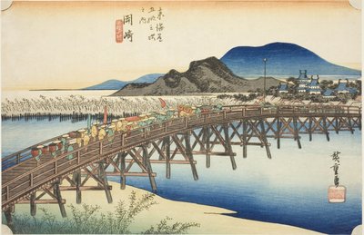Okazaki: Most Yahagi (Okazaki, Yahagi no hashi), z serii „Pięćdziesiąt trzy stacje Tokaido (Tokaido gojusan tsugi no uchi),” znany również jako Hoeido Tokaido autorstwa Utagawa Hiroshige