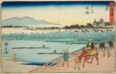 Okazaki: rzeka Yahagi (Okazaki, Yahagigawa) — nr 39 z serii „Pięćdziesiąt trzy stacje Tokaido (Tokaido gojusan tsugi),” znana również jako Reisho Tokaido autorstwa Utagawa Hiroshige