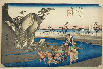 Okitsu: Rzeka Okitsu (Okitsu, Okitsugawa), z serii „Pięćdziesiąt trzy stacje drogi Tokaido (Tokaido gojusan tsugi no uchi),”, znana również jako Hoeido Tokaido autorstwa Utagawa Hiroshige