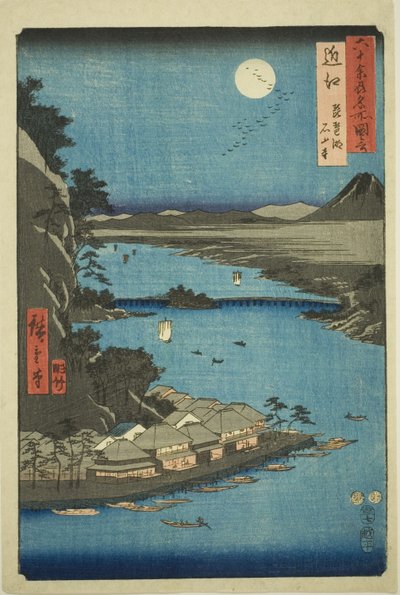 Omi Producent: Akebiwa i Ishiyama Tempe (Omi, Biwako Ishiyamadera), z serialu Oh d P Lawinses autorstwa Utagawa Hiroshige