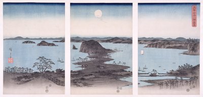 Panorama widoków Kanazawy podczas pełni księżyca, z cyklu „Śnieg, księżyc i kwiaty”, 1857 (drewnodruk) autorstwa Utagawa Hiroshige