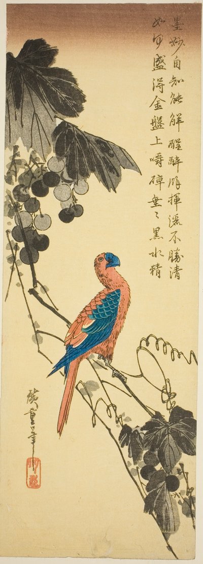 Papuga na winorośli autorstwa Utagawa Hiroshige