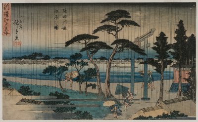 Obraz lekkiego deszczu na nabrzeżu rzeki Sumida, z serii Nowy wybór słynnych miejsc w Edo autorstwa Utagawa Hiroshige