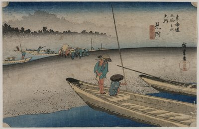 Zdjęcie rzeki Tenryu w pobliżu Mitsuke (stacja 29), z serii Pięćdziesiąt trzy stacje Tokaido autorstwa Utagawa Hiroshige