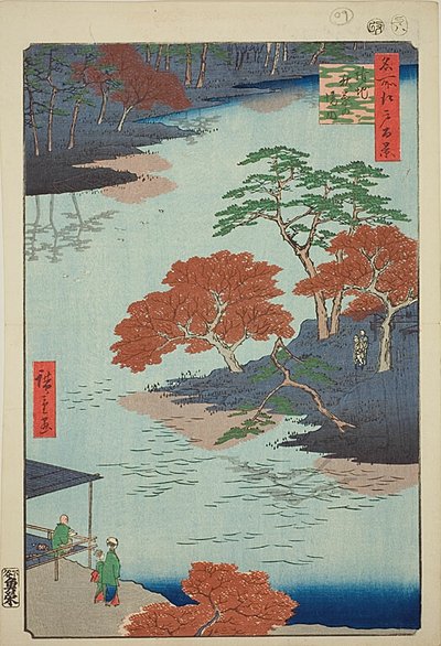 Precints of the Akiba Shrine, Ukeji (Ukeji Akiba no keidai), nr 91 z serii "One Hundred Famous Views of Edo (Meisho Edo hyakkei)". autorstwa Utagawa Hiroshige