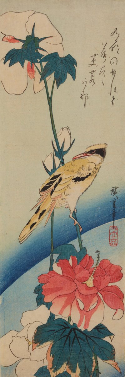 Vogel (Gelber Zimtkopf) auf einem Ast der Chinesischen Rose / Fuyo-ni koraiuguisu autorstwa Utagawa Hiroshige