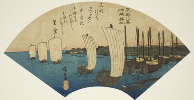 Powracające żagle w Tsukudajima (Tsukudajima kihan), z serii „Osiem widoków na wschodnią stolicę (Toto hakkei)” autorstwa Utagawa Hiroshige