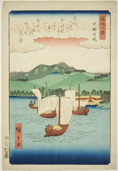 Powracające żagle w Yabase (Yabase kihan), z serii „Osiem widoków Omi (Omi hakkei)” autorstwa Utagawa Hiroshige