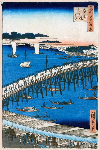 Brzeg rzeki przy moście Ryogoku Sto słynnych widoków Edo, 1856-1858. autorstwa Utagawa Hiroshige