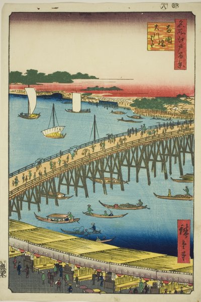 Ryogoku Bridge and the Great Riverbank (Ryogokubashi Okawabata), from the series "One Hundred Famous Views of Edo (Meisho Edo hyakkei)" autorstwa Utagawa Hiroshige