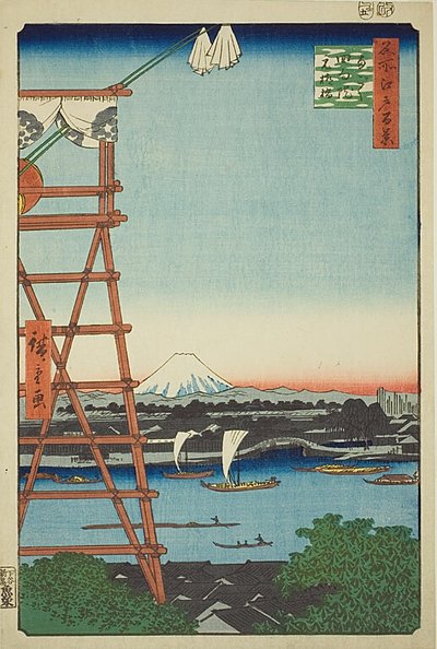 Ryogoku Ekoin i most Moto-Yanagi (Ryogoku Ekoin Moto-Yanagibashi), nr 5 z serii "Sto słynnych widoków Edo (Meisho Edo hyakkei)". autorstwa Utagawa Hiroshige