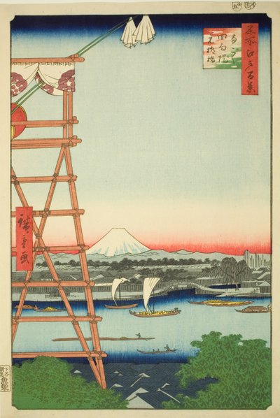 Rokoku Eco-członek Plan d Motoyanagi Bridge (Rokoku Eco-członek Motoyanagibashi), z serii „Ridge d red Fa net s views f Edo (sto widoków słynnych miejsc Edo)” autorstwa Utagawa Hiroshige