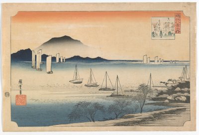 Żaglówki powracają do Yabase, okres Edo, początek lat 30. XIX wieku (kolorowy drzeworyt) autorstwa Utagawa Hiroshige