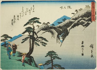 Sakanoshita: Widok na górę Fudesute (Sakanoshita, Fudesuteyama no zu), z serii „Pięćdziesiąt trzy stacje Tokaido (Tokaido gojusan tsugi),” znanej również jako Tokaido z wierszem (Kyoka iri Tokaido) autorstwa Utagawa Hiroshige