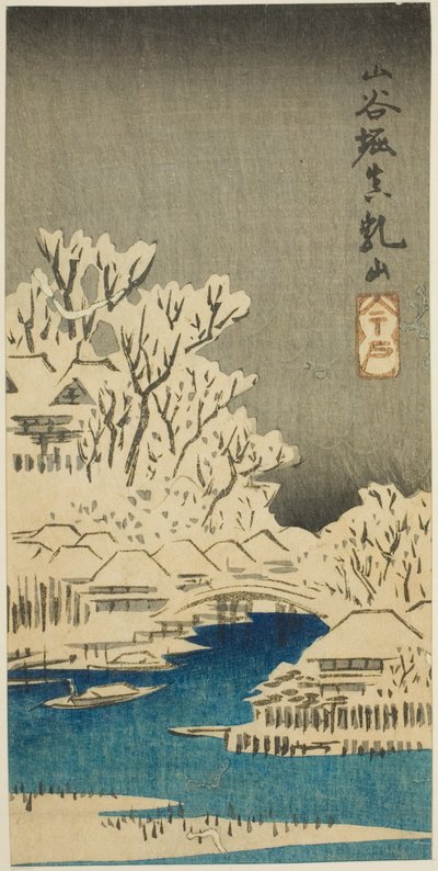 Kanał Sanya i Wzgórze Matsuchi (Sanyabori Matsuchiyama), fragment arkusza z serii „Wycinanki znanych miejsc w Edo (Harimaze Koto meisho)” autorstwa Utagawa Hiroshige