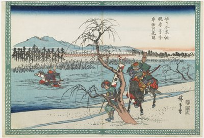 Sasaki Takatsuna and Kajiwara Kagetoki Competing to Take the Lead Crossing the Uji River, 1834-1839 autorstwa Utagawa Hiroshige