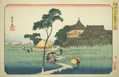 Sala Sazai w Świątyni Pięciuset Arhatów (Gohyaku rakan Sazaido), z serii „Słynne miejsca we wschodniej stolicy (Toto meisho)” autorstwa Utagawa Hiroshige