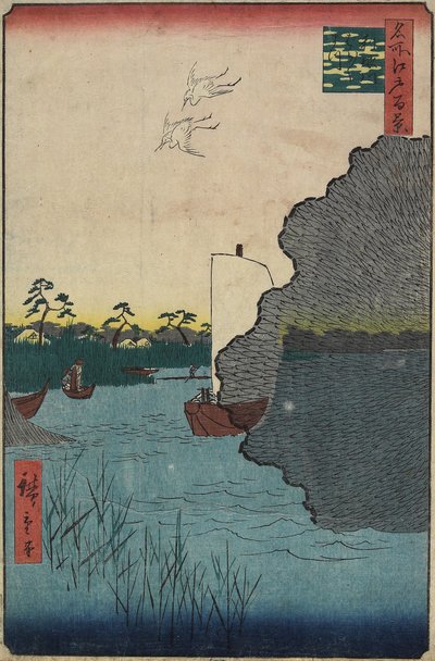 Rozrzucone sosny wzdłuż rzeki Tone, sierpień 1856 autorstwa Utagawa Hiroshige
