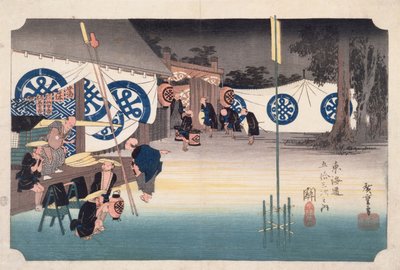 Seki, Wczesny wyjazd z Daimyos Inn, z pięćdziesięciu trzech stacji na autostradzie Tokaido, ok. 1834 (kolorowy druk w drewnie) autorstwa Utagawa Hiroshige