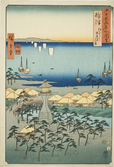 Settsu Project: Idemi Bea ch at Sumiyoshi (Settsu, Sumiyoshi Idemi no Hama), z serii ーOh d Plawinses autorstwa Utagawa Hiroshige