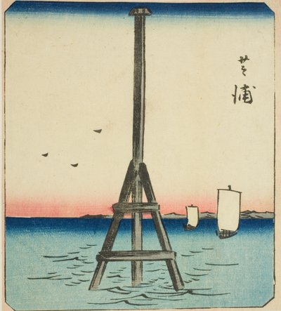 Shibaura, fragment arkusza z serii „Wycinane obrazy znanych miejsc w Edo (Edo meisho harimaze zue)” autorstwa Utagawa Hiroshige