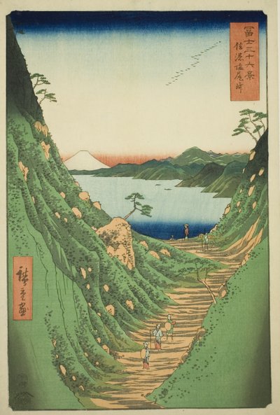 Przełęcz Shiojiri w prowincji Shinano (Shinano Shiojiri toge) z cyklu „Trzydzieści sześć widoków na górę Fuji (Fuji sanjurokkei)” autorstwa Utagawa Hiroshige