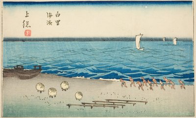 Shirosato Beach in Kazusa Province (Kazusa Shirosato kaihin), section of sheet no. 7 from the series "Cutout Pictures of the Provinces (Kunizukushi harimaze zue)" autorstwa Utagawa Hiroshige