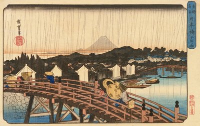 Prysznic na moście Nihonbashi, 1832-34 (kolorowy drzeworyt) autorstwa Utagawa Hiroshige