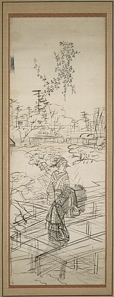 Szkic kobiety przechodzącej przez most autorstwa Utagawa Hiroshige
