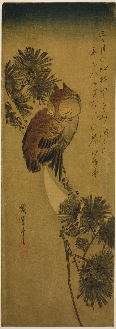 Mała sowa rogata, sosna i półksiężyc autorstwa Utagawa Hiroshige