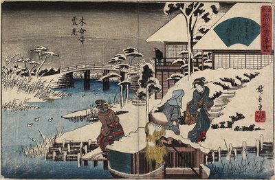 Śnieżna scena w świątyni Mokubo-ji i restauracji Uekiya, ok. godz. 1835-1842 autorstwa Utagawa Hiroshige