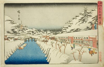 Śnieg na moście Akabane w Shiba (Shiba Akabane no yuki), z serii „Słynne miejsca we wschodniej stolicy (Toto meisho)” autorstwa Utagawa Hiroshige