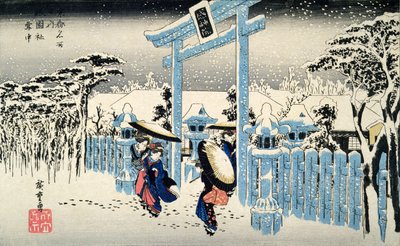 Śnieg nocą: młode kobiety opuszczają świątynię w gęstym śniegu, z serii 53 Stacje Tokaido (yoko-e - format poziomy, kolorowy drzeworyt) autorstwa Utagawa Hiroshige