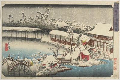 Śnieg na terenie świątyni Kameido Tenman, 1832-1834 autorstwa Utagawa Hiroshige