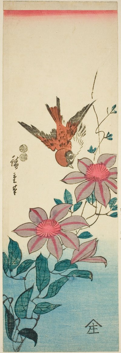 Wróbel i powojnik autorstwa Utagawa Hiroshige