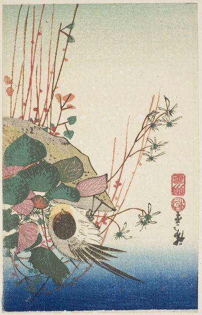 Wróbel na wiszącej donicy autorstwa Utagawa Hiroshige