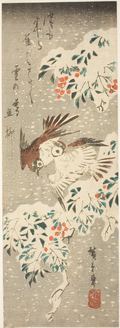 Wróble przemykające wokół ośnieżonej Nandiny, gdy pada więcej śniegu autorstwa Utagawa Hiroshige