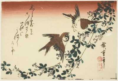 Wróble i koniczyna krzewiasta autorstwa Utagawa Hiroshige