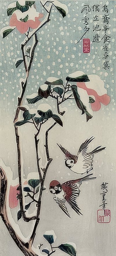 Wróble i kamelie na śniegu autorstwa Utagawa Hiroshige
