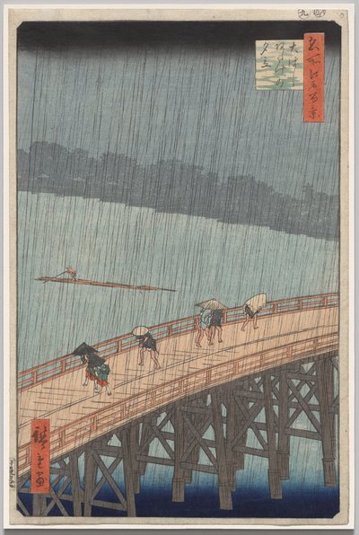 Nagły prysznic nad mostem Shin-Ōhashi i Atake, z serii Sto słynnych widoków Edo autorstwa Utagawa Hiroshige