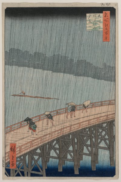 Nagły prysznic nad mostem Shin-Ōhashi i Atake, z serii Sto słynnych widoków Edo autorstwa Utagawa Hiroshige