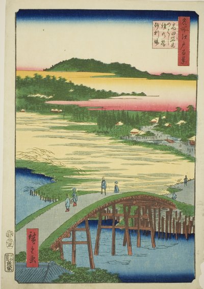 Most Sugatami, most Omokage i żwirownia w Takata (Takata Sugataminohashi Omokagenohashi jariba), z cyklu „Sto słynnych widoków Edo (Meisho Edo hyakkei)” autorstwa Utagawa Hiroshige