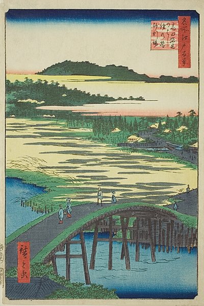 Most Sugatami, most Omokage i żwirownia w Takata (Takata Sugataminohashi Omokagenohashi jariba), nr 116 z serii "Sto słynnych widoków Edo (Meisho Edo hyakkei)". autorstwa Utagawa Hiroshige