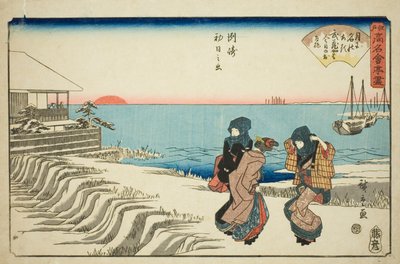 Wschód słońca w Nowy Rok w restauracji Musashiya w Susaki (Susaki hatsu hinode, Musashiya), z serii "Słynne restauracje Edo (Edo komei kaitei zukushi)". autorstwa Utagawa Hiroshige