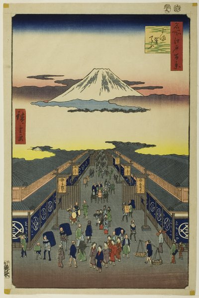 Surugacho, z serii "Sto słynnych widoków Edo (Meisho Edo hyakkei)" autorstwa Utagawa Hiroshige